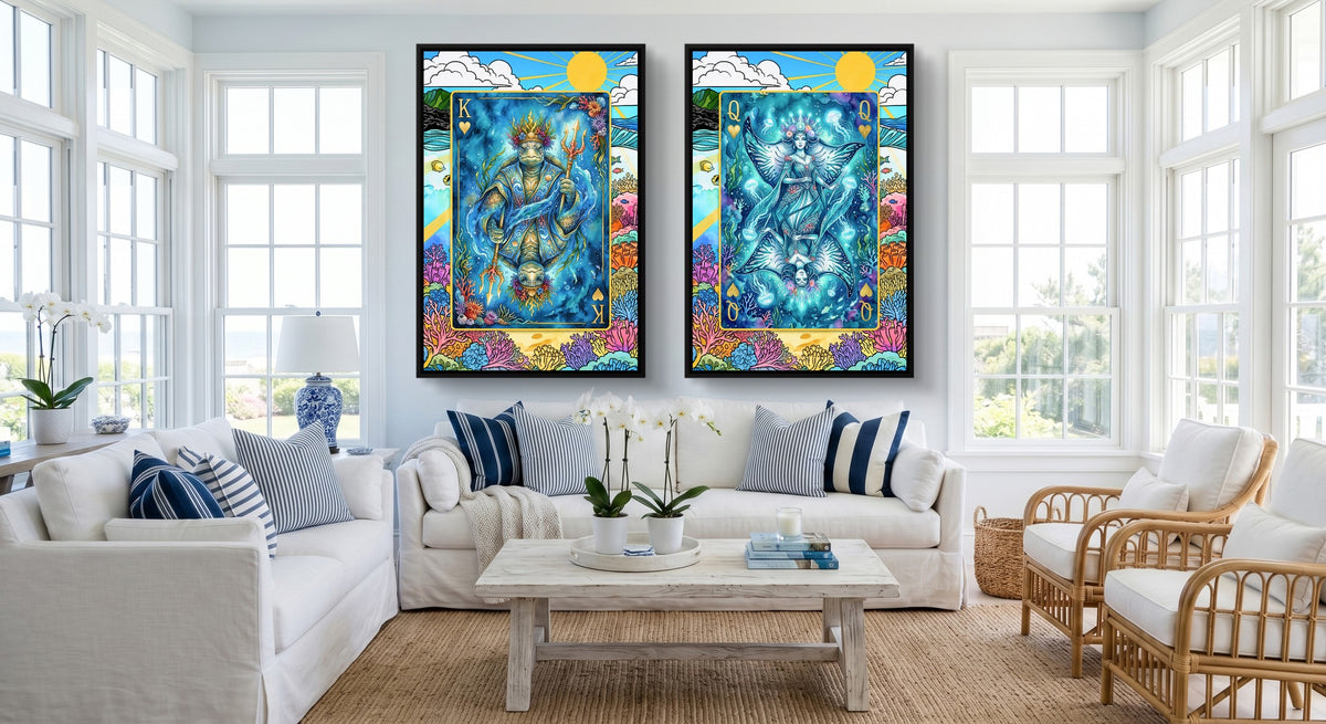 Sea Life Playing Card Art - King & Queen 2 Piece Set black-framed canvas in a room