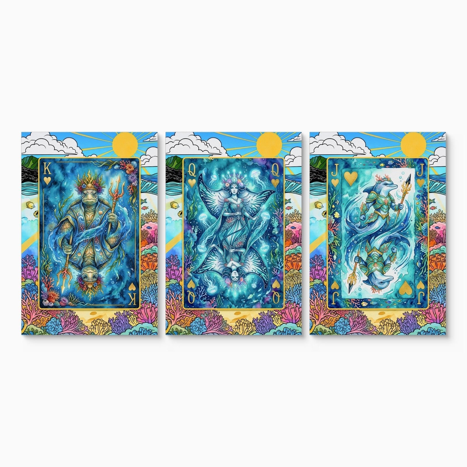 Sea Life Playing Card Art - King Queen Jack 3 Piece - Thedopeart