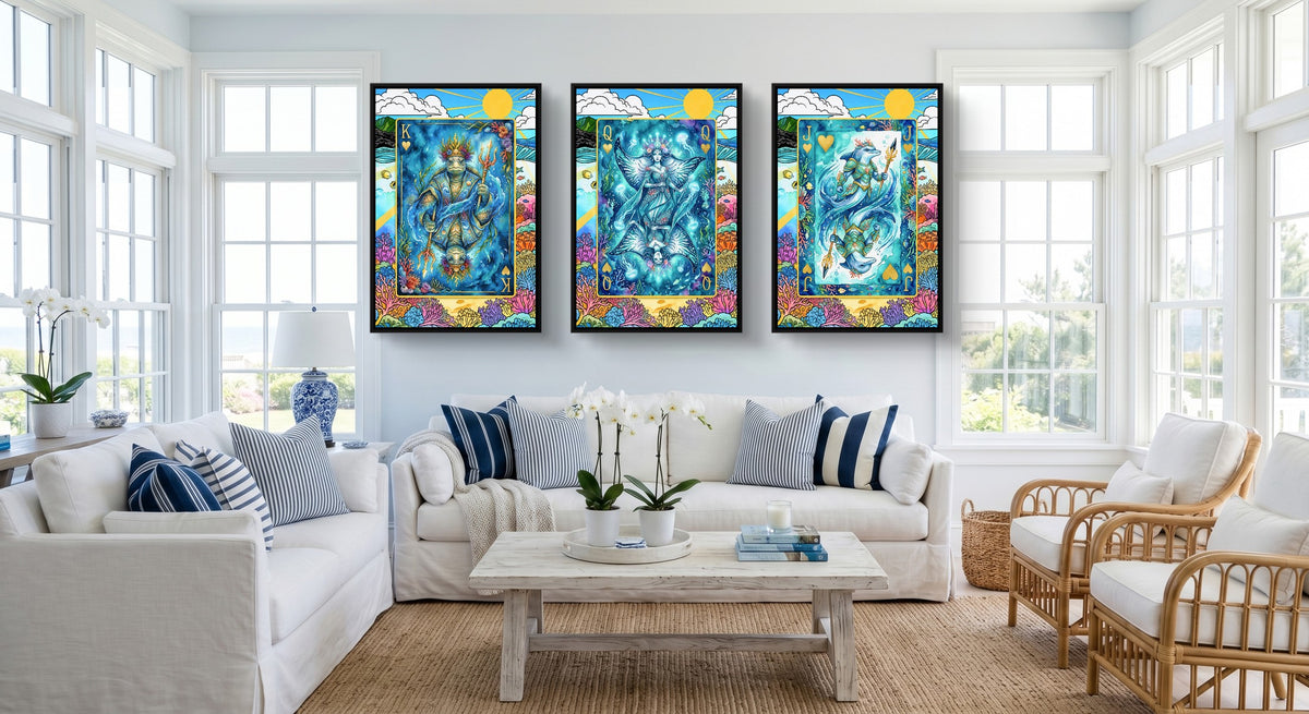 Sea Life Playing Card Art - King Queen Jack 3 Piece black-framed canvas in a room