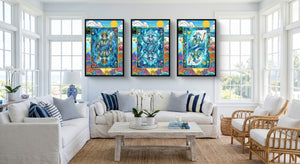 Sea Life Playing Card Art - King Queen Jack 3 Piece black-framed canvas in a room