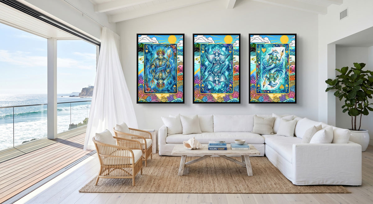 Sea Life Playing Card Art - King Queen Jack 3 Piece black-framed canvas in a room