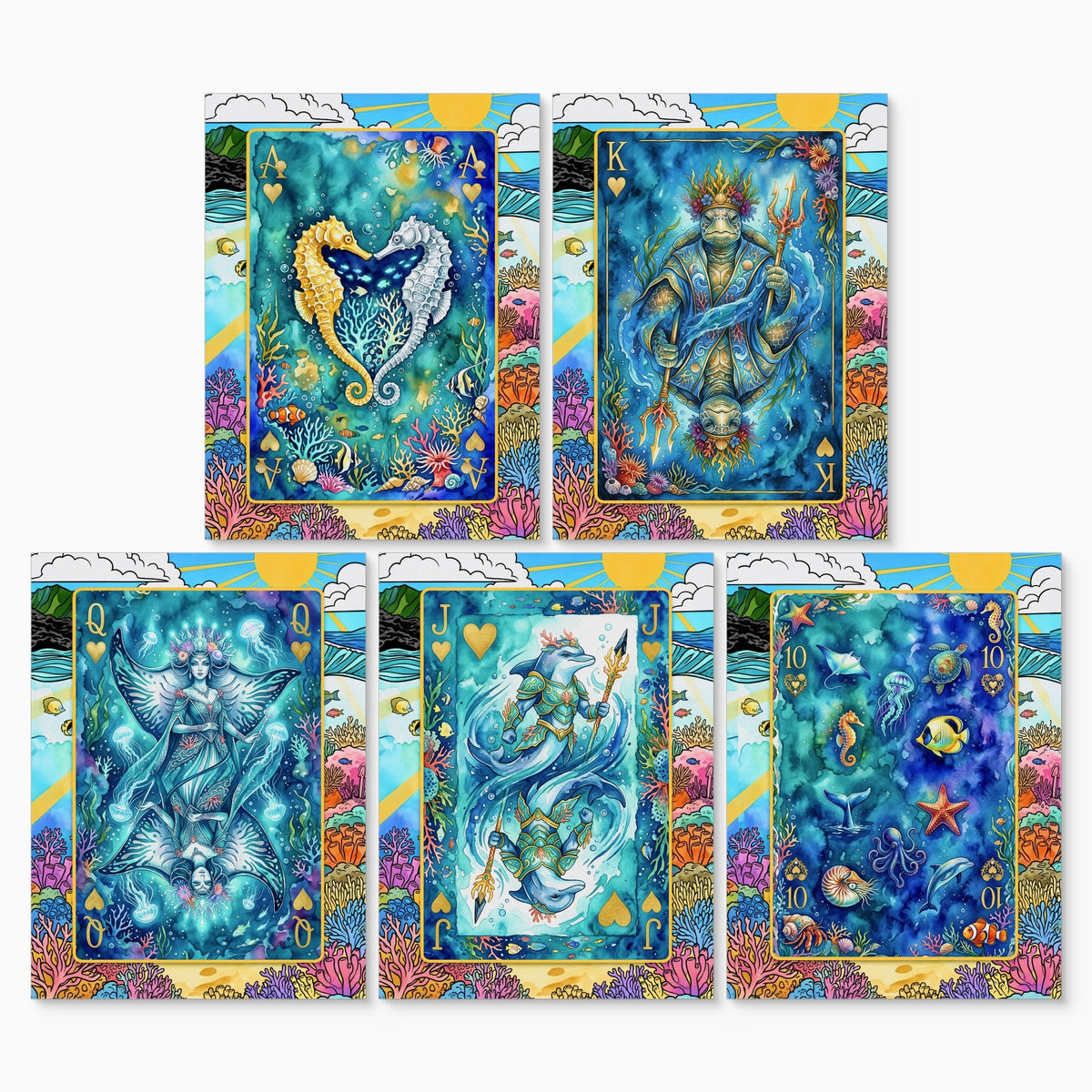 Sea Life Playing Card Wall Art - 5 Piece Poker Set canvas print set, 2 over 3, no frame