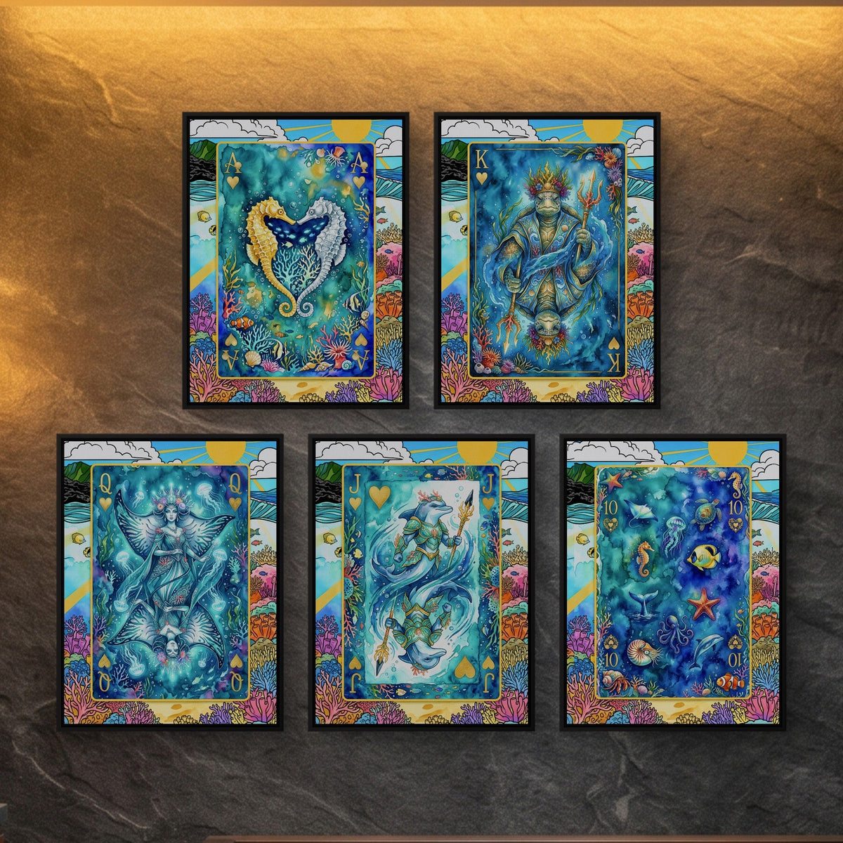 Sea Life Playing Card Wall Art - 5 Piece Poker Set framed set on a dark feature wall
