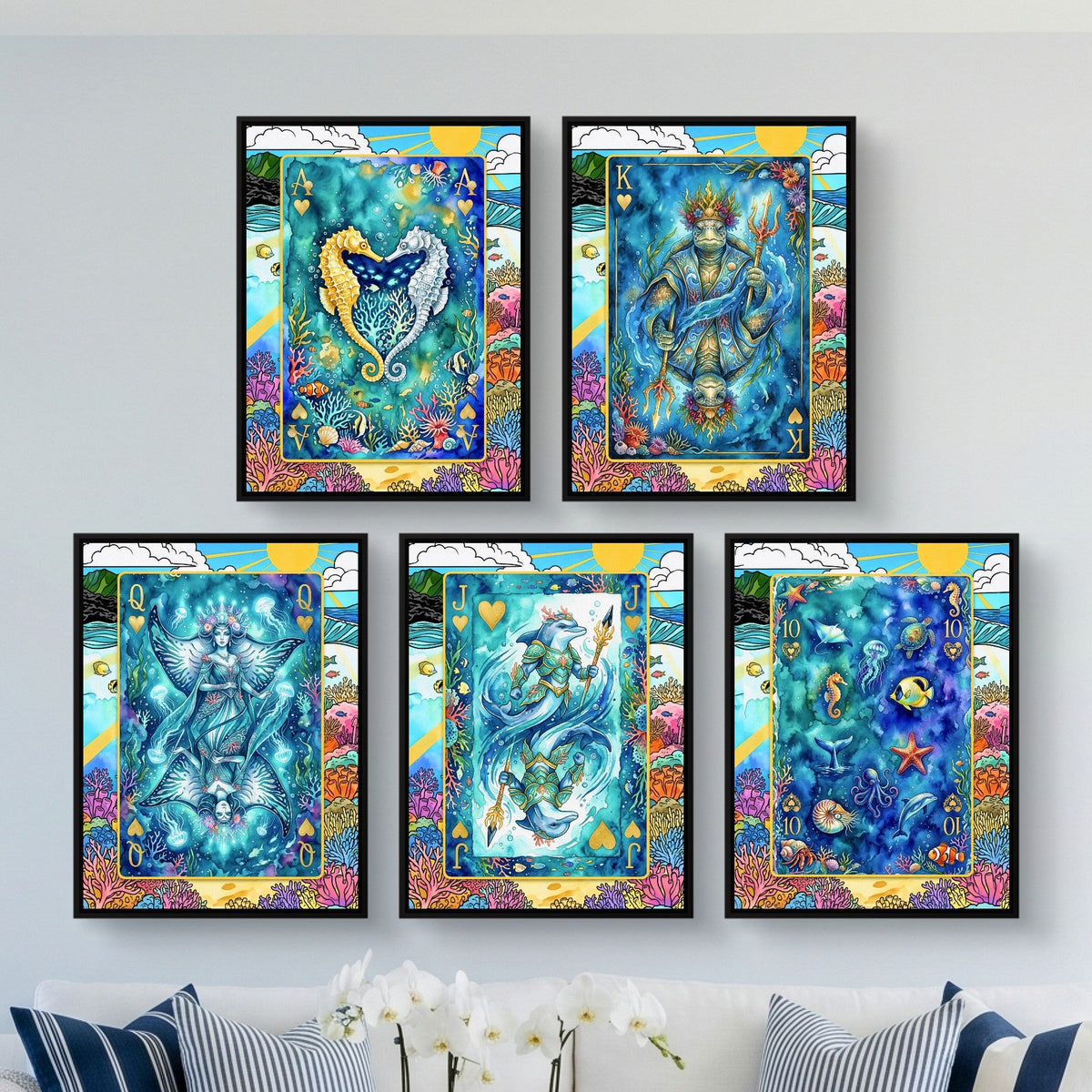 Sea Life Playing Card Wall Art - 5 Piece Poker Set framed set in a bright living room