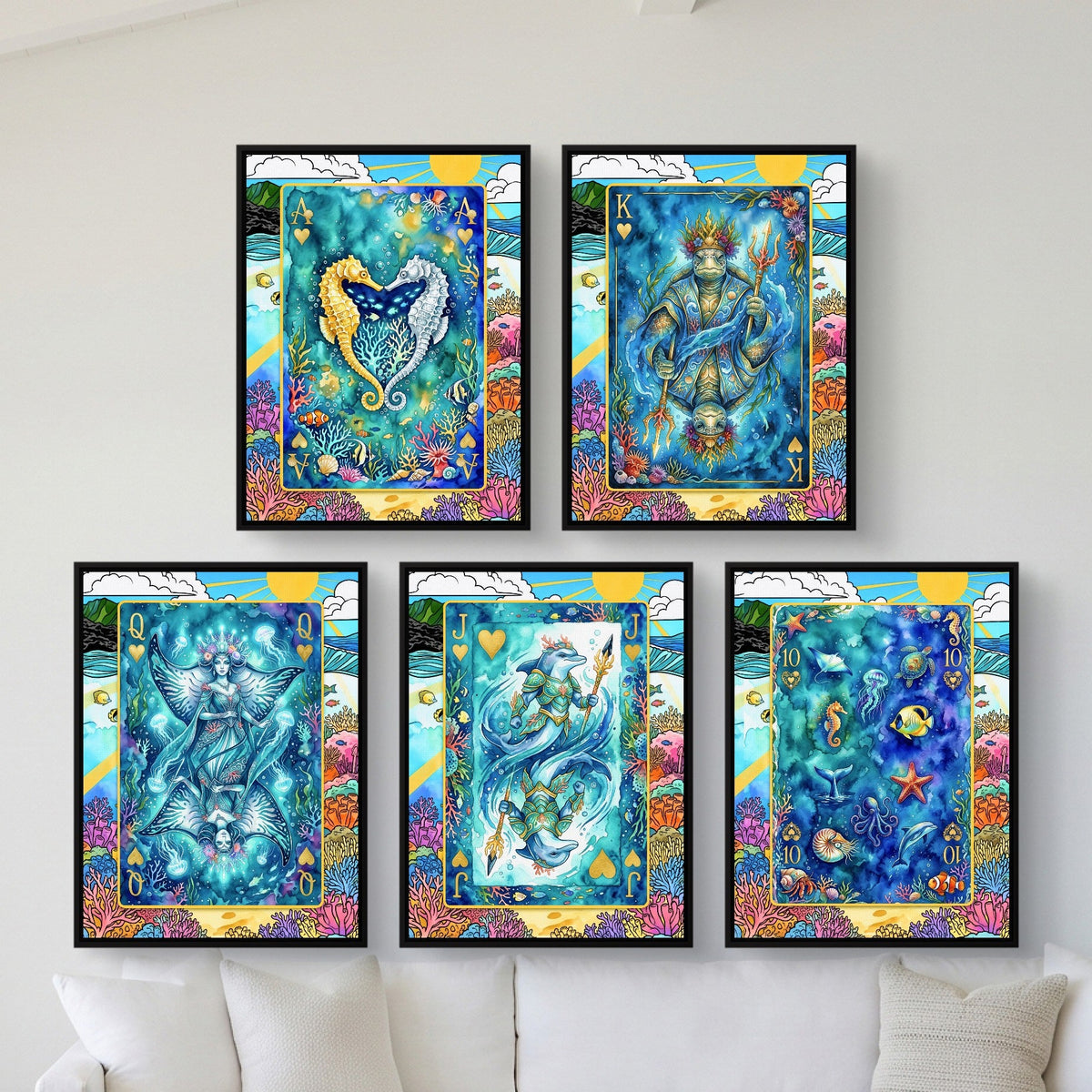 Sea Life Playing Card Wall Art - 5 Piece Poker Set framed set in a bright coastal villa