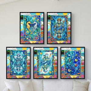 Sea Life Playing Card Wall Art - 5 Piece Poker Set framed set in a bright coastal villa