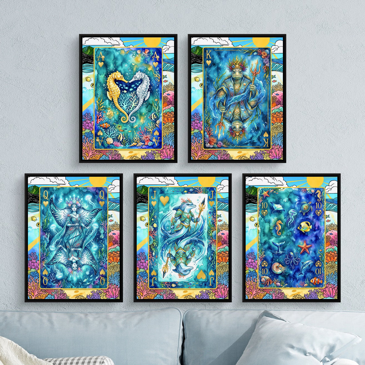 Sea Life Playing Card Wall Art - 5 Piece Poker Set framed set on a soft blue lounge wall
