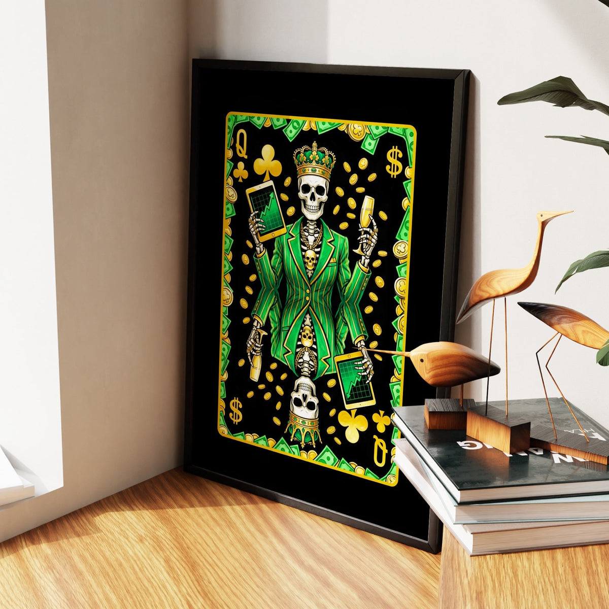 Skeleton Money Queen of Clubs Card