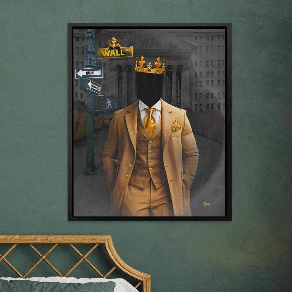 Wall Street Riches canvas art of a crowned figure in a gold suit
