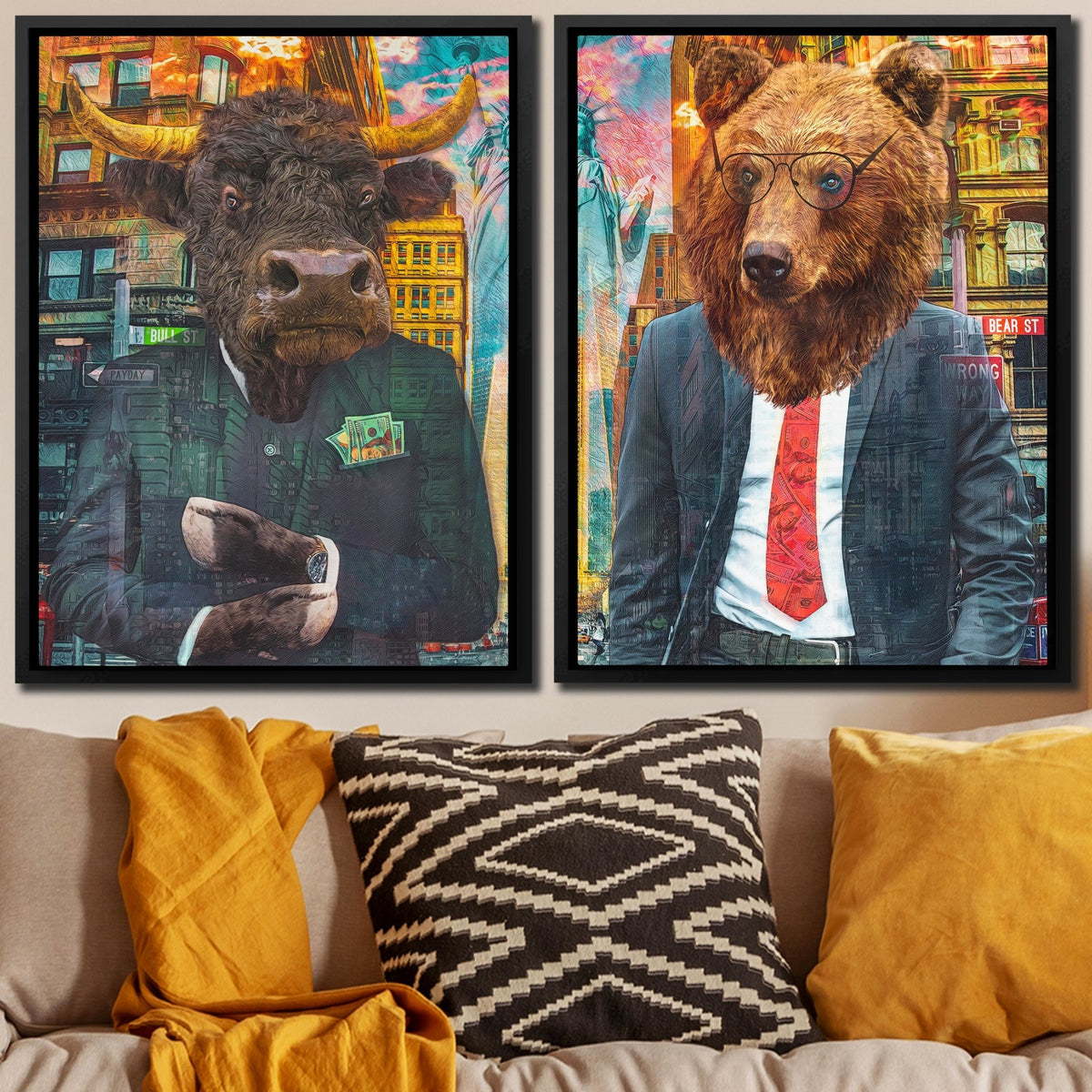 Bull and Bear Canvas Art Set Bull VS Bear Stock Trader Art Thedopeart
