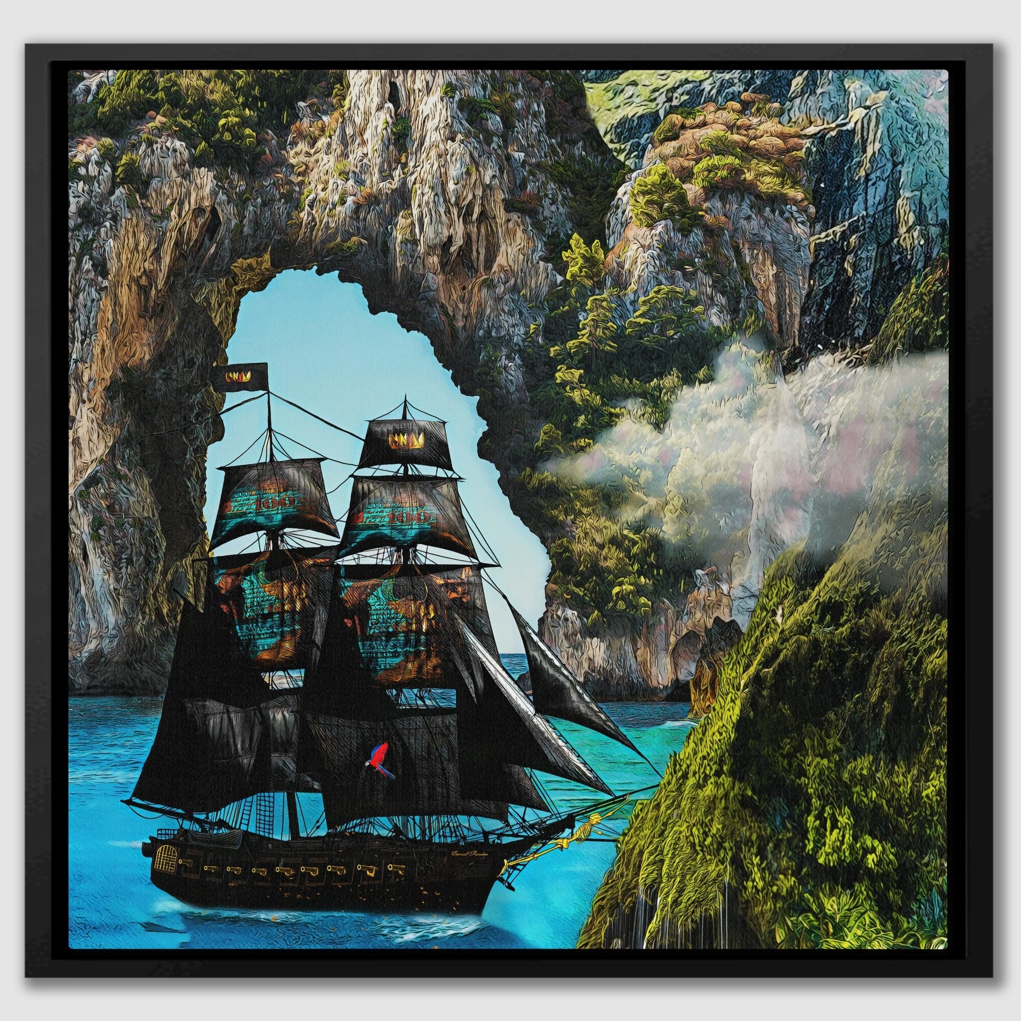 The Money Skull Pirate Ship Painting - Blue Ocean Wall Art - Thedopeart