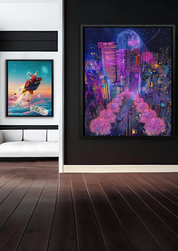 Colorful Dope Art canvases in black frames in a modern living room