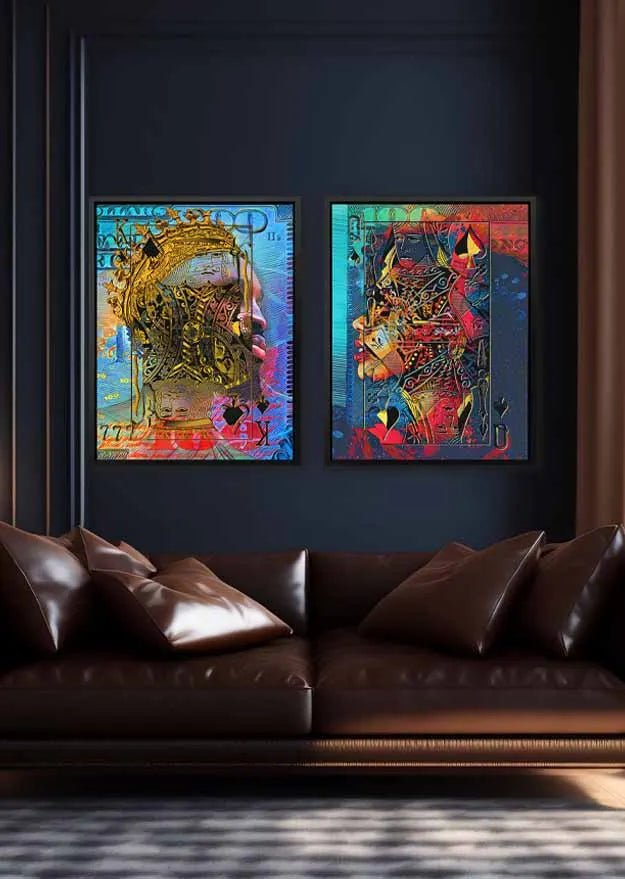 King and queen playing card canvases above a leather sofa