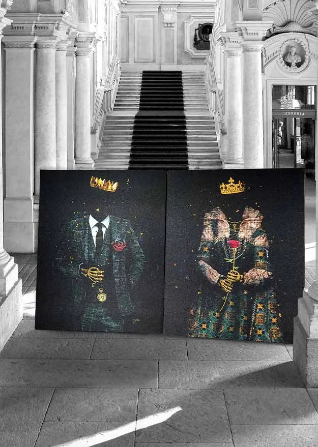 King and queen canvas pair displayed on a marble staircase